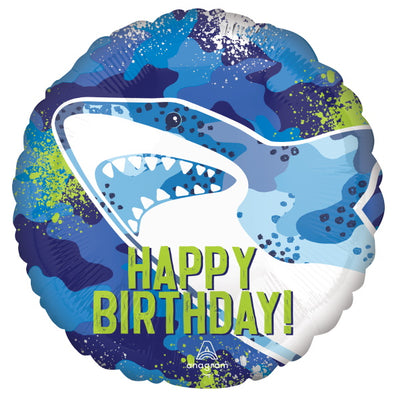 18 inch Shark Happy Birthday Round Foil Balloon with Helium