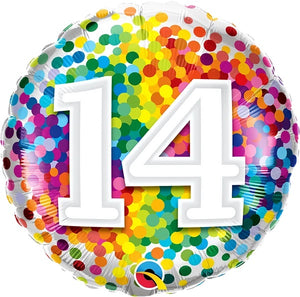 18 inch Rainbow Confetti Dots Number 14 Foil Balloons