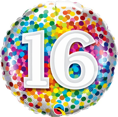 18 inch Rainbow Confetti Dot Number 16 Foil Balloon with Helium