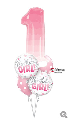 1st Birthday Girl Pink Ombre Dots Balloons Bouquet
