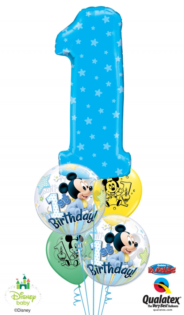 1st Birthday Baby Mickey Mouse Number Bubble Balloons Bouquet