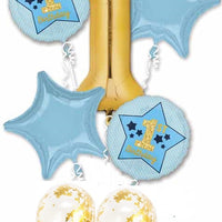1st Birthday Blue Gold Confetti Balloon Bouquet
