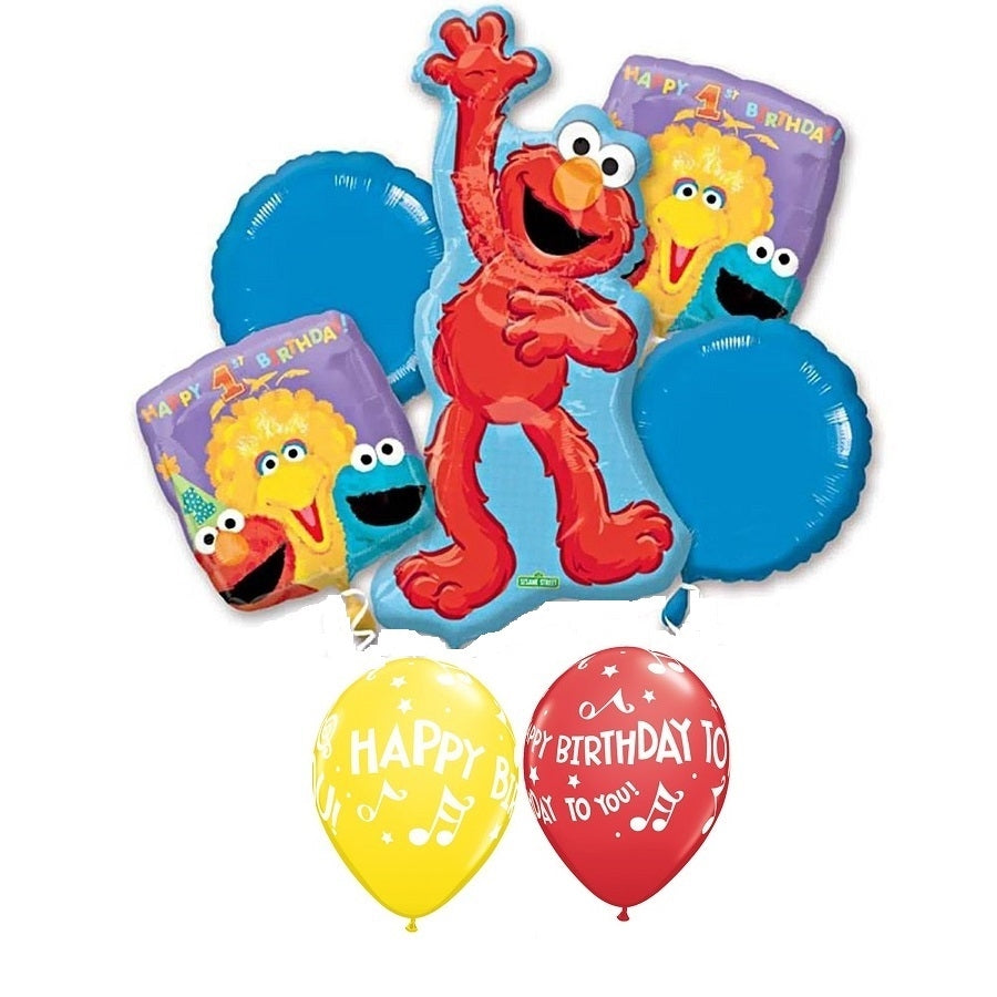 1st Birthday Elmo Sesame Street Balloon Bouquet with Helium and Weight