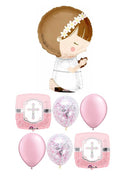 First Communion Girl Pink Silver Confetti Balloons Bouquet