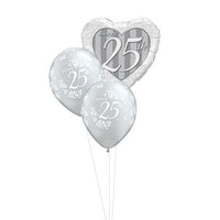 25th Anniversary Heart Silver Balloon Bouquet of 3 with Helium Weight