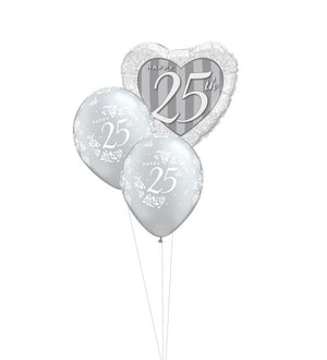 25th Anniversary Heart Silver Balloon Bouquet of 3 with Helium Weight