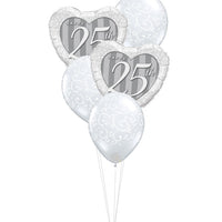 25th Anniversary Silver Hearts Balloons Bouquet of 7