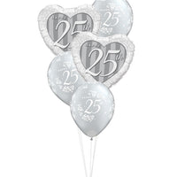 25th Anniversary Hearts Silver Balloons Bouquet of 5