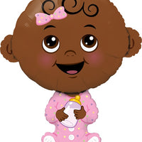 Baby Girl Dark Skin Tone Foil Balloon with Helium and Weight