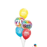 70th Birthday Rainbow Dots Balloon Bouquet with Helium and Weight