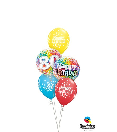 80th Birthday Rainbow Dots Balloon Bouquet with Helium and Weight