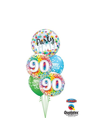 90th Birthday Rainbow Dots Bubble Balloon Bouquet with Helium Weight