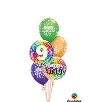9th Birthday Rainbow Dots Balloon Bouquet with Helium and Weight