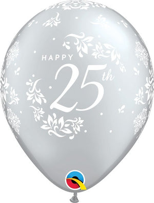 11 inch 25th Anniversary Silver Balloons with Helium and Hi Float