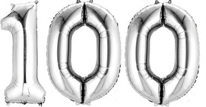 100 Silver Jumbo Number Balloons with Helium and Weight