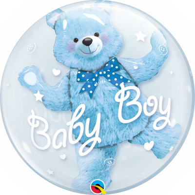 24 inch Baby Boy Blue Teddy Bear Double Bubble Balloons with Helium