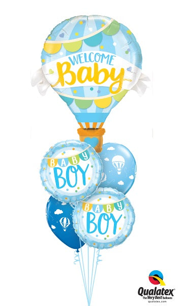 Hot Air Balloon Welcome Baby Boy Bouquet with Helium and Weight