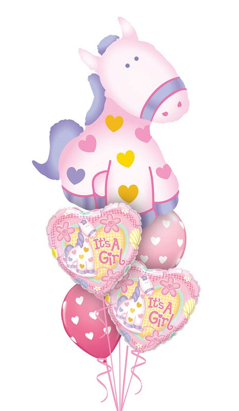 Baby Girl Soft Pony Hearts Balloons Bouquet