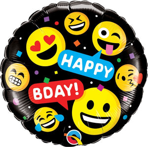 18 inch Happy Birthday Emoji Smiley Black Foil Balloon with Helium