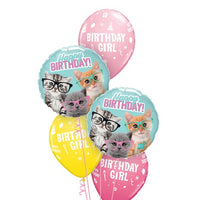 Birthday Girl Kittens with Glasses Balloon Bouquet with Helium Weight