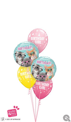 Birthday Girl Kittens with Glasses Balloon Bouquet with Helium Weight