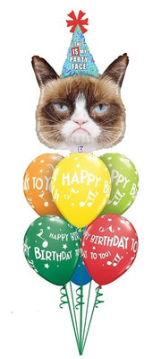 Grumpy Cat Head Happy Birthday Balloon Bouquet with Helium and Weight