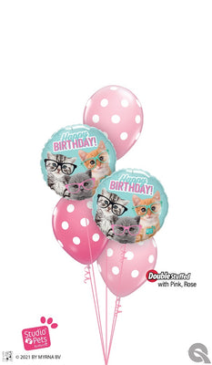 Birthday Studio Pets Kittens with Glasses Polka Dots Balloons Bouquet