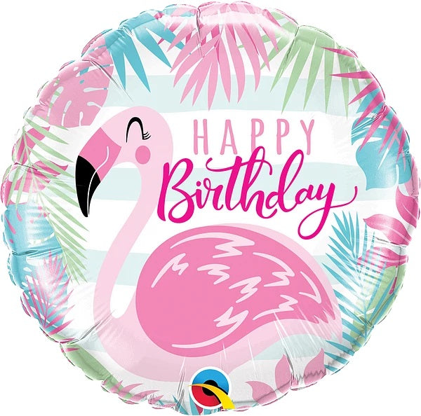18 inch Pink Flamingo Happy Birthday Foil Balloon with Helium
