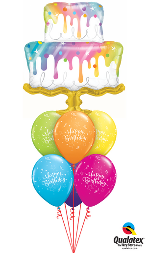 Birthday Cake Rainbow Drip Balloon Bouquet with Helium and Weight