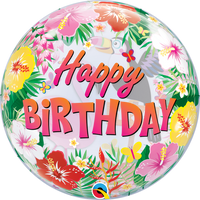 22 inch Happy Birthday Luau Flowers Birds Bubbles Balloon with Helium