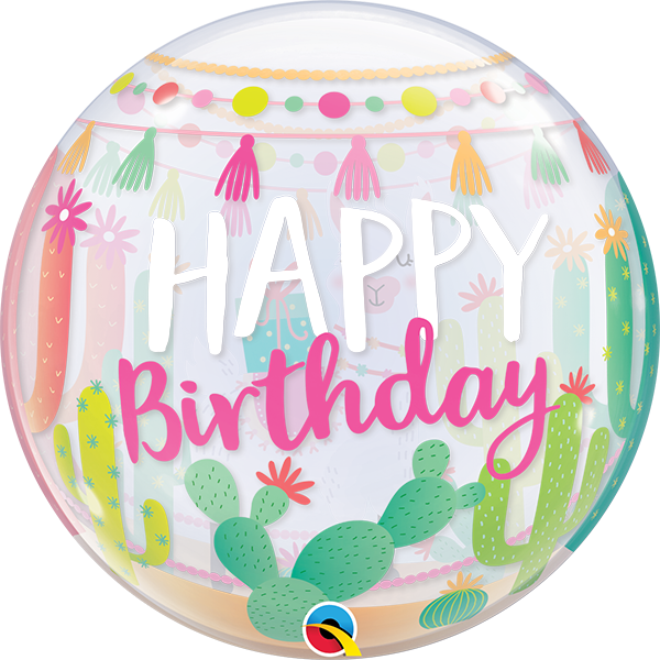 22 inch Happy Birthday Llama Cactus Bubble Balloons with Helium