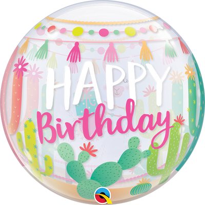 22 inch Happy Birthday Llama Cactus Bubble Balloons with Helium