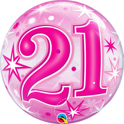 21st Birthday Pink Starburst Sparkle Bubble Balloon with Helium