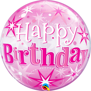 22 inch Happy Birthday Pink Starburst Sparkle Bubble Balloons with Helium