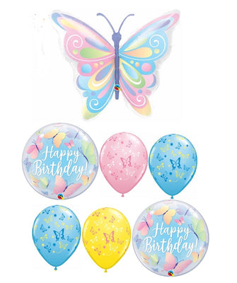 Butterfly Pastel Birthday Bubble Balloon Bouquet with Helium Weight