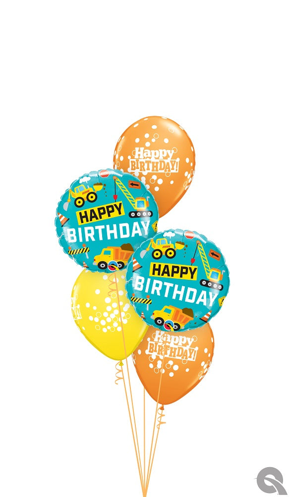 Construction Trucks Happy Birthday Balloon Bouquet with Helium Weight