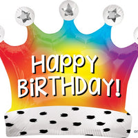 Crown Rainbow Happy Birthday Foil Balloon with Ribbon and Weight
