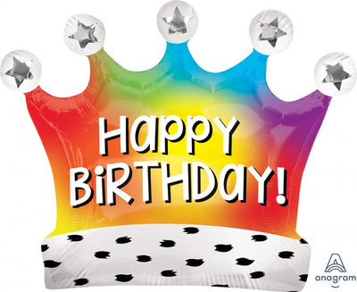 Crown Rainbow Happy Birthday Foil Balloon with Ribbon and Weight