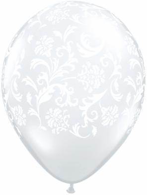 11 inch Damask White Diamond Clear Balloons with Helium and Hi Float