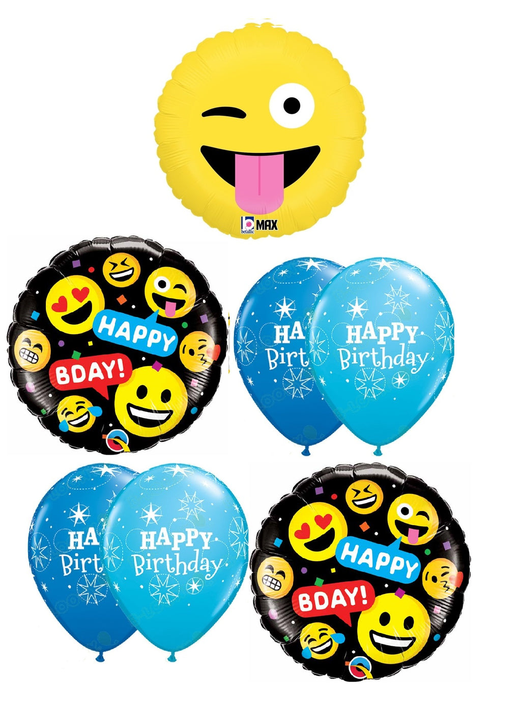 Emoji Wacky Blue Birthday Balloons Bouquet with Helium and Weight
