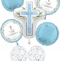 First Communion Cross Blue Confetti Balloons Bouquet
