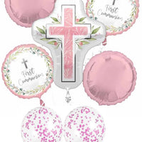 First Communion Cross Pink Confetti Balloons Bouquet