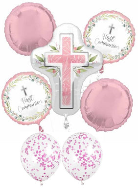 First Communion Cross Pink Confetti Balloons Bouquet