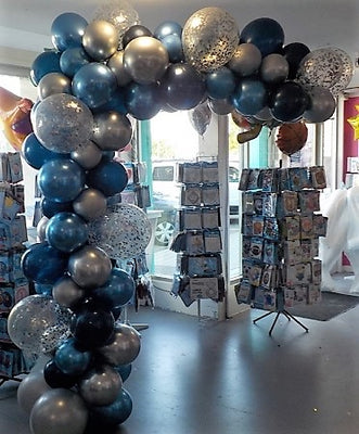 Garland Organic Balloon Arch Chrome Blue Silver Confetti