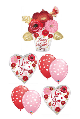 Happy Valentines Day Painted Flowers Balloons Bouquet