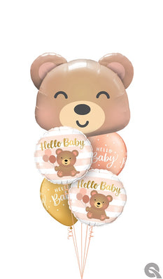 Hello Baby Bear Head Balloon Bouquet with Helium and Weight