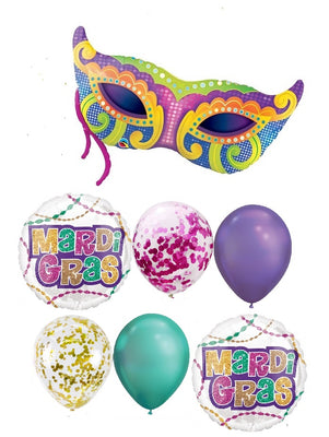 Mardi Gras Mask Beads Balloon Bouquet with Helium and Weight