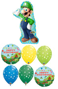 Mario Brothers Luigi Pixel Birthday Balloon Bouquet with Helium Weight