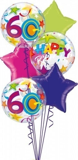 60th Birthday Bubble Star Balloon Bouquet with Helium and Weight