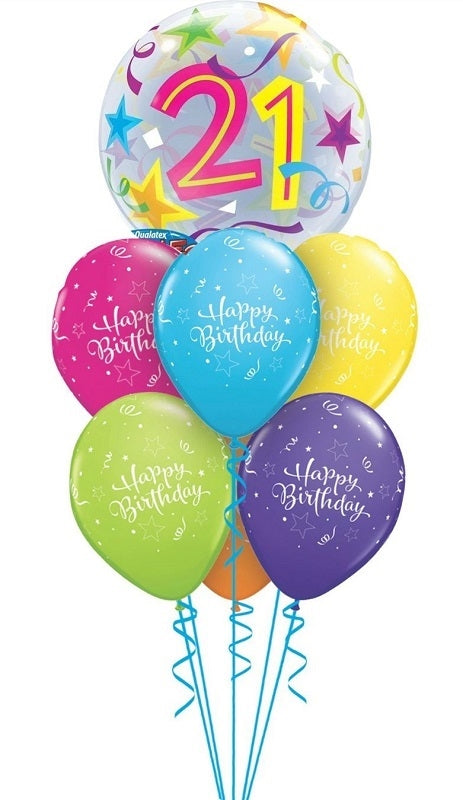 21 Birthday Brilliant Stars Bubble Balloon Bouquet with Helium Weight